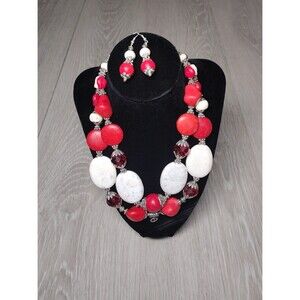Necklace & Earrings - Handmade - Red & White Statement Set